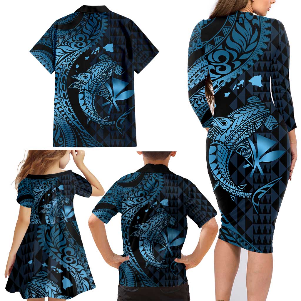Aloha Hawaii Hammerhead Shark Family Matching Long Sleeve Bodycon Dress and Hawaiian Shirt Blue Kakau and Polynesian Tattoo LT03 - Polynesian Pride