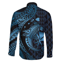 Aloha Hawaii Hammerhead Shark Family Matching Long Sleeve Bodycon Dress and Hawaiian Shirt Blue Kakau and Polynesian Tattoo LT03 - Polynesian Pride