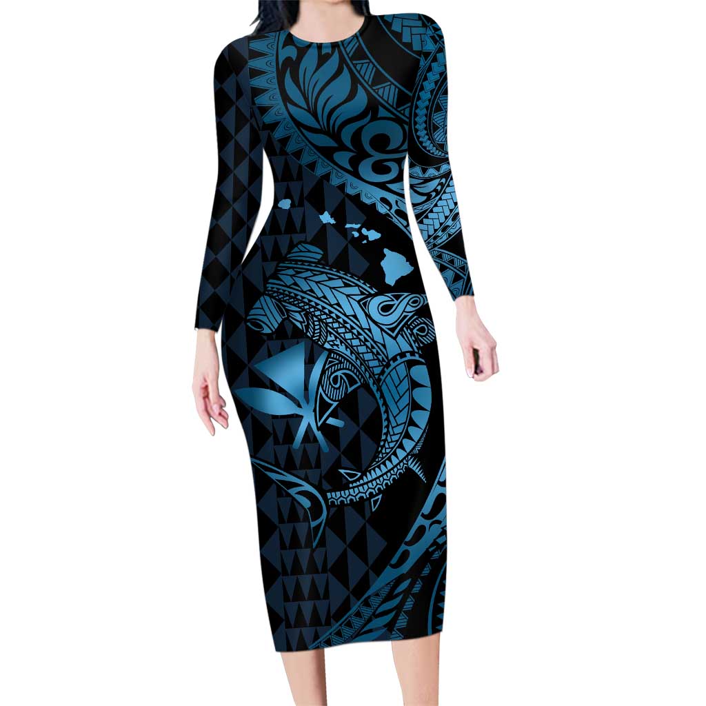 Aloha Hawaii Hammerhead Shark Family Matching Long Sleeve Bodycon Dress and Hawaiian Shirt Blue Kakau and Polynesian Tattoo LT03 Mom's Dress Blue - Polynesian Pride