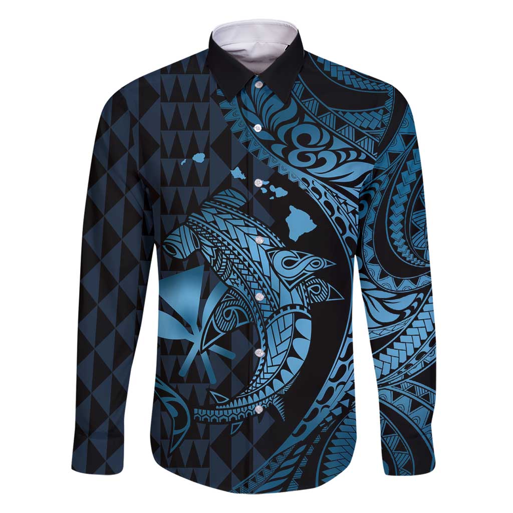 Aloha Hawaii Hammerhead Shark Family Matching Mermaid Dress and Hawaiian Shirt Blue Kakau and Polynesian Tattoo LT03 Dad's Shirt - Long Sleeve Blue - Polynesian Pride