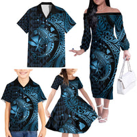 Aloha Hawaii Hammerhead Shark Family Matching Off The Shoulder Long Sleeve Dress and Hawaiian Shirt Blue Kakau and Polynesian Tattoo LT03 - Polynesian Pride