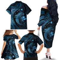 Aloha Hawaii Hammerhead Shark Family Matching Off The Shoulder Long Sleeve Dress and Hawaiian Shirt Blue Kakau and Polynesian Tattoo LT03 - Polynesian Pride
