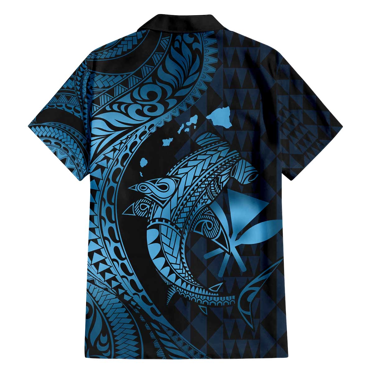 Aloha Hawaii Hammerhead Shark Family Matching Off The Shoulder Long Sleeve Dress and Hawaiian Shirt Blue Kakau and Polynesian Tattoo LT03 - Polynesian Pride