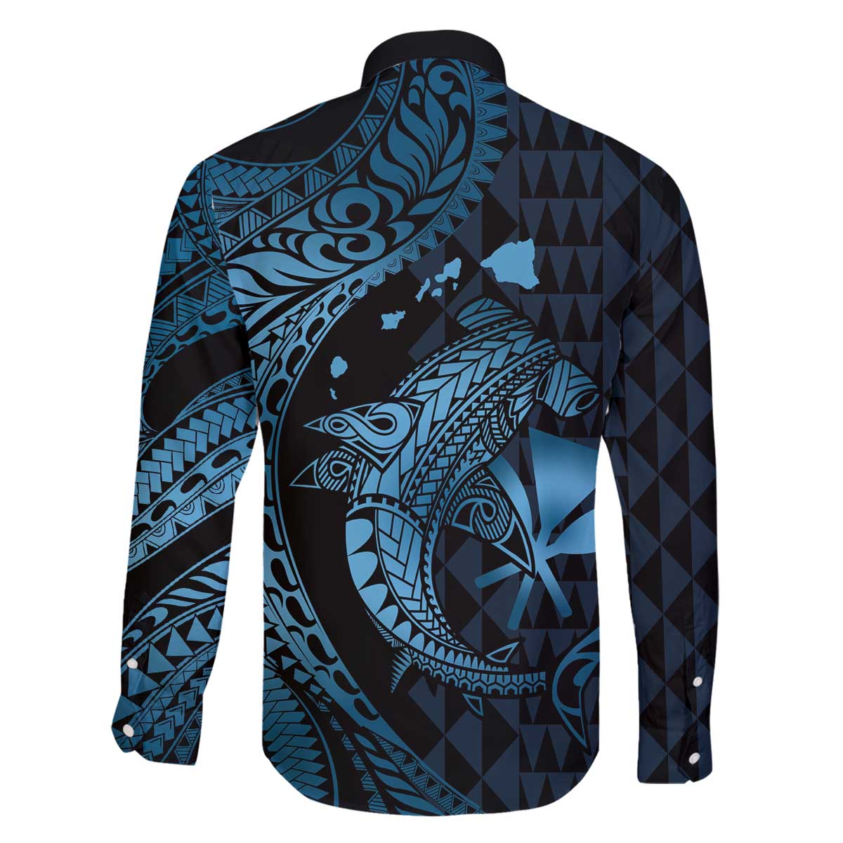 Aloha Hawaii Hammerhead Shark Family Matching Off The Shoulder Long Sleeve Dress and Hawaiian Shirt Blue Kakau and Polynesian Tattoo LT03 - Polynesian Pride