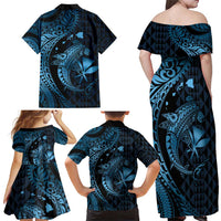 Aloha Hawaii Hammerhead Shark Family Matching Off Shoulder Maxi Dress and Hawaiian Shirt Blue Kakau and Polynesian Tattoo LT03 - Polynesian Pride