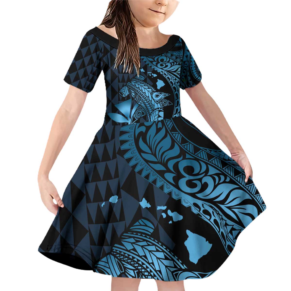 Aloha Hawaii Hammerhead Shark Family Matching Off Shoulder Short Dress and Hawaiian Shirt Blue Kakau and Polynesian Tattoo LT03 Daughter's Dress Blue - Polynesian Pride