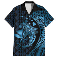 Aloha Hawaii Hammerhead Shark Family Matching Off Shoulder Short Dress and Hawaiian Shirt Blue Kakau and Polynesian Tattoo LT03 Dad's Shirt - Short Sleeve Blue - Polynesian Pride