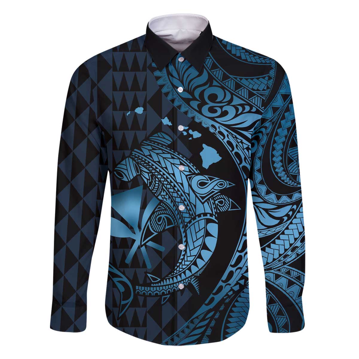 Aloha Hawaii Hammerhead Shark Family Matching Off Shoulder Short Dress and Hawaiian Shirt Blue Kakau and Polynesian Tattoo LT03 Dad's Shirt - Long Sleeve Blue - Polynesian Pride