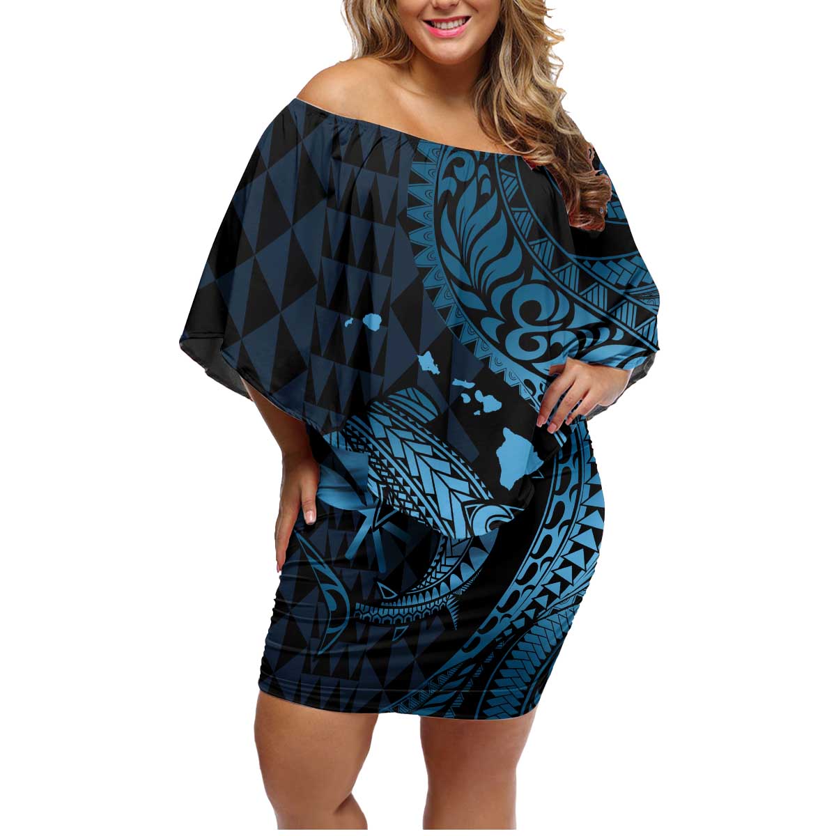 Aloha Hawaii Hammerhead Shark Family Matching Off Shoulder Short Dress and Hawaiian Shirt Blue Kakau and Polynesian Tattoo LT03 Mom's Dress Blue - Polynesian Pride