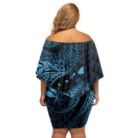 Aloha Hawaii Hammerhead Shark Family Matching Off Shoulder Short Dress and Hawaiian Shirt Blue Kakau and Polynesian Tattoo LT03 - Polynesian Pride