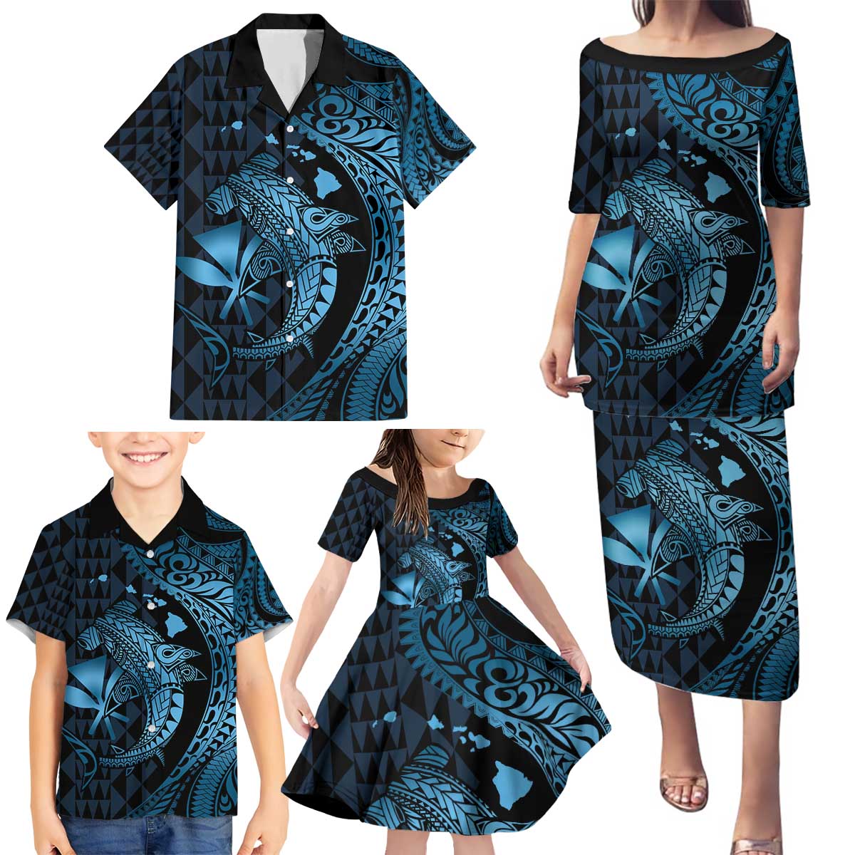 Aloha Hawaii Hammerhead Shark Family Matching Puletasi and Hawaiian Shirt Blue Kakau and Polynesian Tattoo LT03 - Polynesian Pride