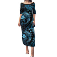 Aloha Hawaii Hammerhead Shark Family Matching Puletasi and Hawaiian Shirt Blue Kakau and Polynesian Tattoo LT03 Mom's Dress Blue - Polynesian Pride
