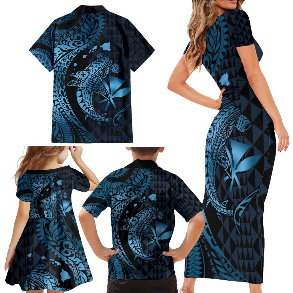 Aloha Hawaii Hammerhead Shark Family Matching Short Sleeve Bodycon Dress and Hawaiian Shirt Blue Kakau and Polynesian Tattoo LT03 - Polynesian Pride