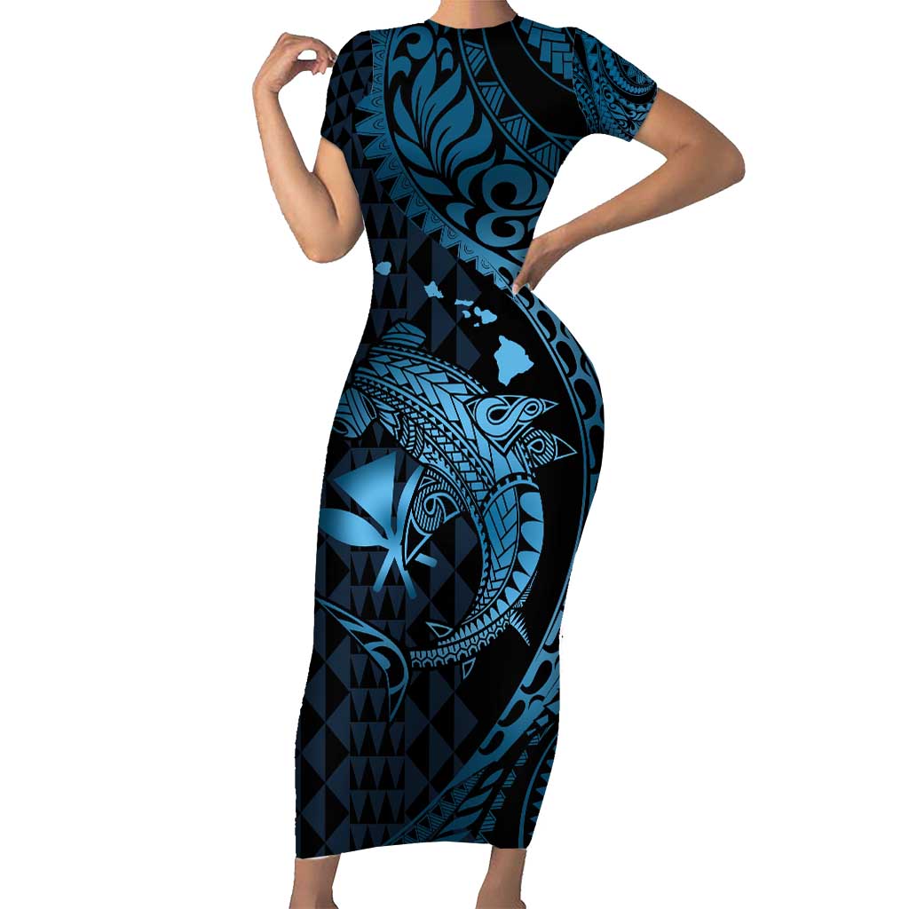 Aloha Hawaii Hammerhead Shark Family Matching Short Sleeve Bodycon Dress and Hawaiian Shirt Blue Kakau and Polynesian Tattoo LT03 Mom's Dress Blue - Polynesian Pride