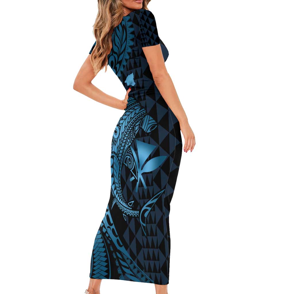 Aloha Hawaii Hammerhead Shark Family Matching Short Sleeve Bodycon Dress and Hawaiian Shirt Blue Kakau and Polynesian Tattoo LT03 - Polynesian Pride