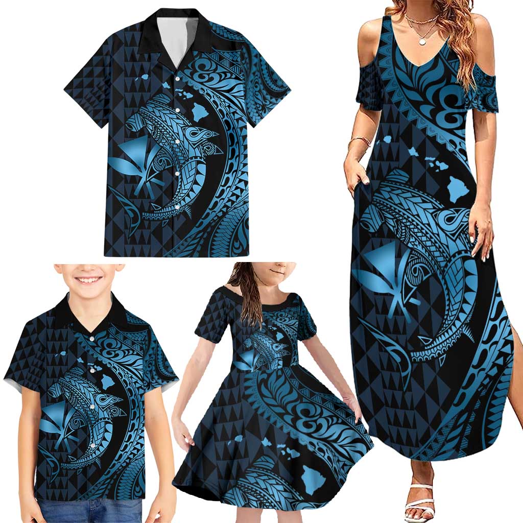 Aloha Hawaii Hammerhead Shark Family Matching Summer Maxi Dress and Hawaiian Shirt Blue Kakau and Polynesian Tattoo LT03 - Polynesian Pride