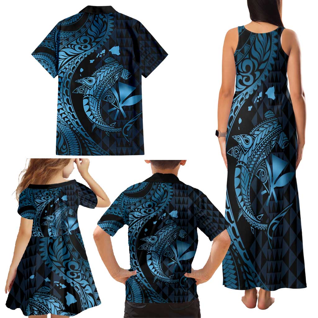 Aloha Hawaii Hammerhead Shark Family Matching Tank Maxi Dress and Hawaiian Shirt Blue Kakau and Polynesian Tattoo LT03 - Polynesian Pride