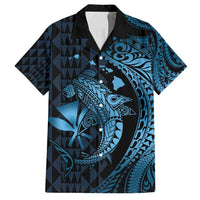 Aloha Hawaii Hammerhead Shark Family Matching Tank Maxi Dress and Hawaiian Shirt Blue Kakau and Polynesian Tattoo LT03 Dad's Shirt - Short Sleeve Blue - Polynesian Pride