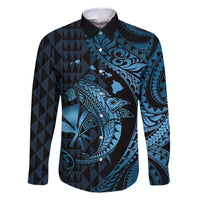 Aloha Hawaii Hammerhead Shark Family Matching Tank Maxi Dress and Hawaiian Shirt Blue Kakau and Polynesian Tattoo LT03 Dad's Shirt - Long Sleeve Blue - Polynesian Pride