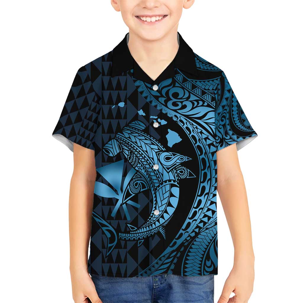 Aloha Hawaii Hammerhead Shark Family Matching Tank Maxi Dress and Hawaiian Shirt Blue Kakau and Polynesian Tattoo LT03 Son's Shirt Blue - Polynesian Pride