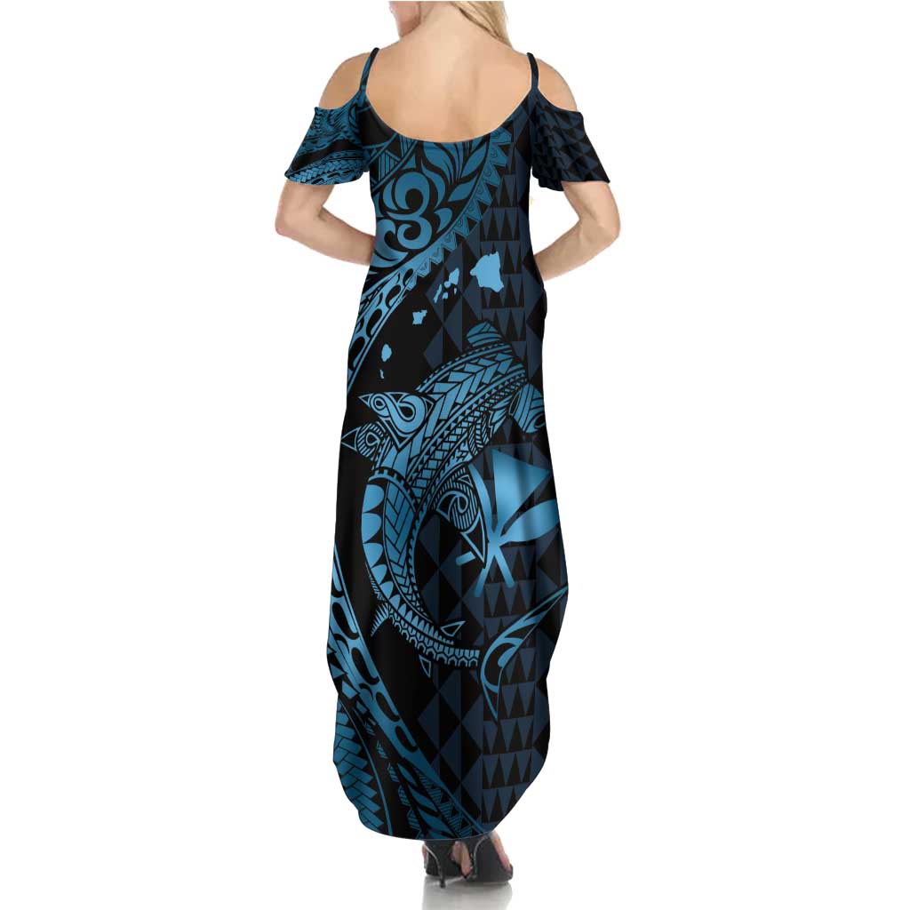 Aloha Hawaii Hammerhead Shark Summer Maxi Dress Blue Kakau and Polynesian Tattoo LT03 - Polynesian Pride