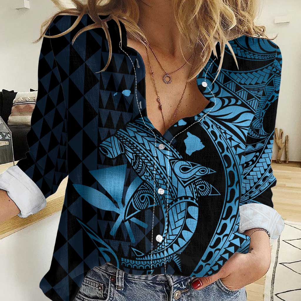 Aloha Hawaii Hammerhead Shark Women Casual Shirt Blue Kakau and Polynesian Tattoo LT03 Female Blue - Polynesian Pride
