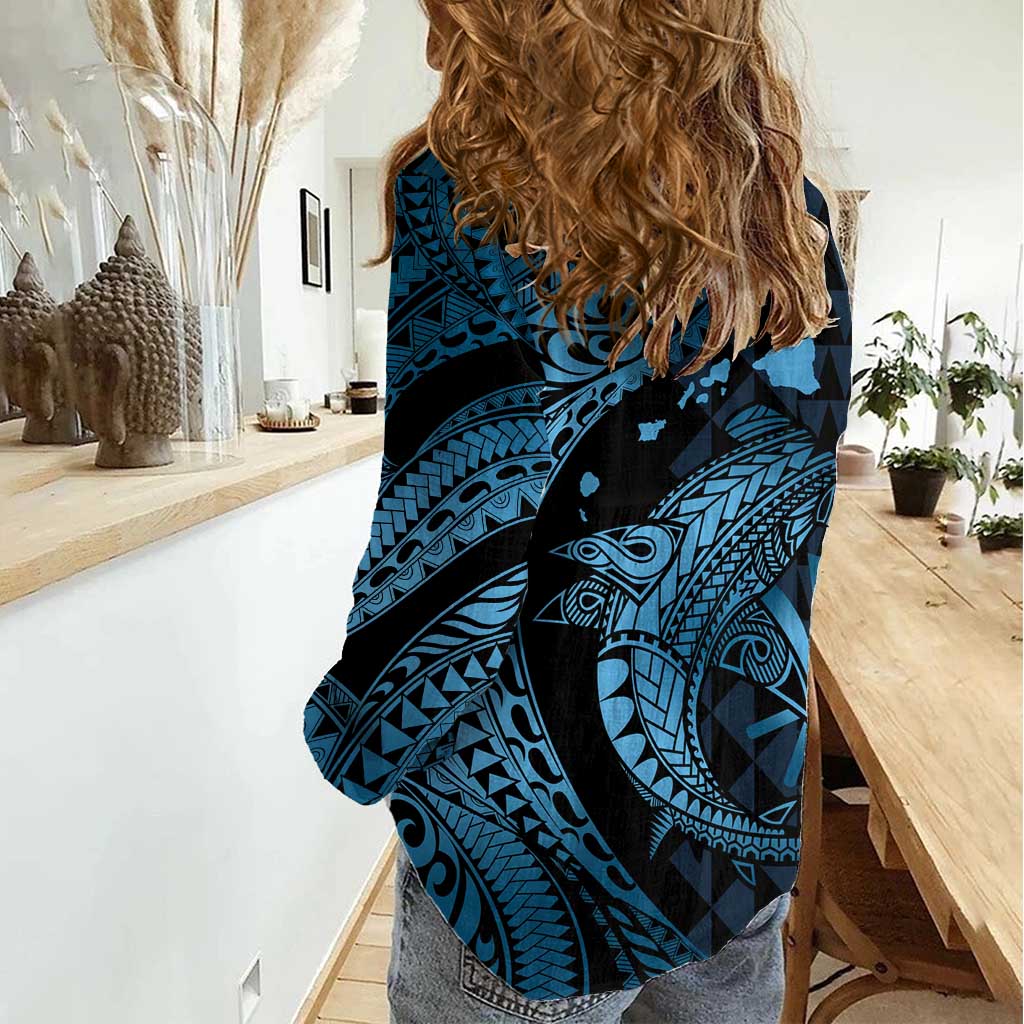 Aloha Hawaii Hammerhead Shark Women Casual Shirt Blue Kakau and Polynesian Tattoo LT03 - Polynesian Pride