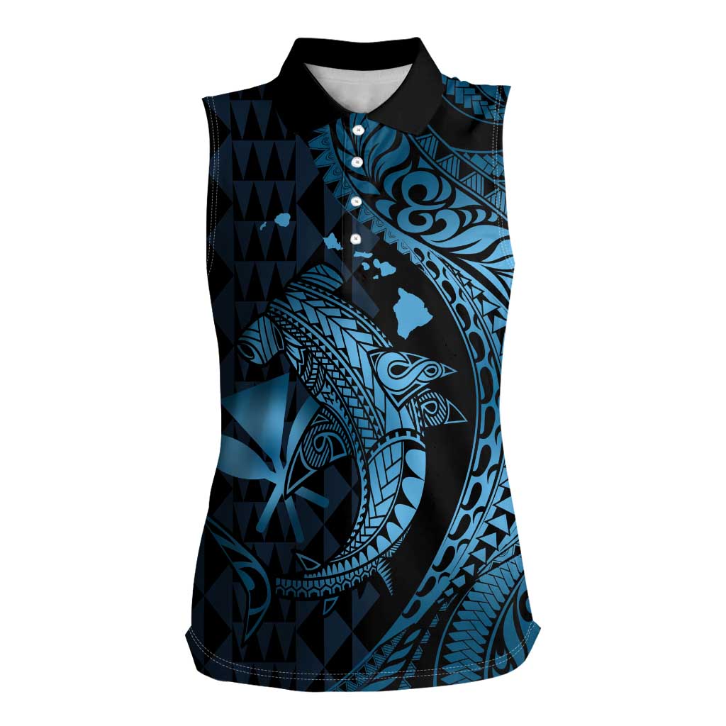 Aloha Hawaii Hammerhead Shark Women Sleeveless Polo Shirt Blue Kakau and Polynesian Tattoo LT03 Female Blue - Polynesian Pride