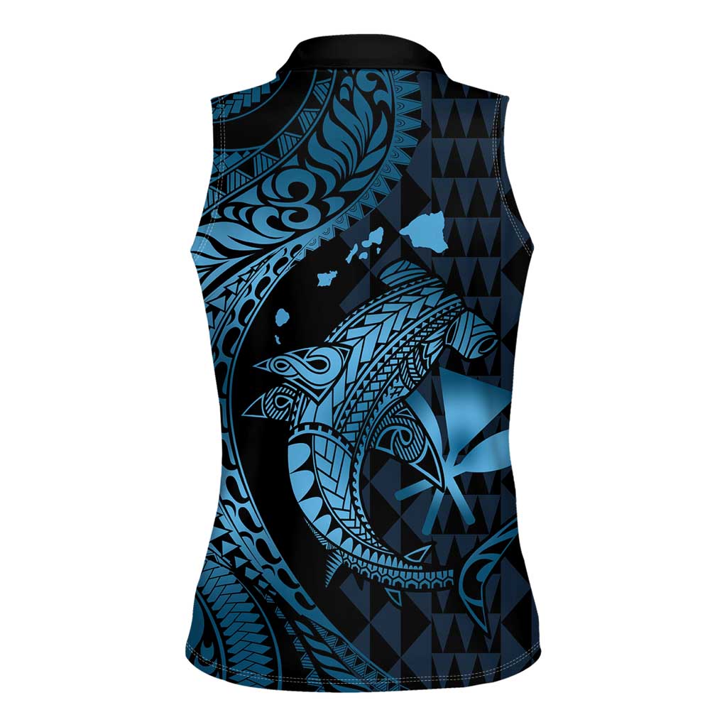 Aloha Hawaii Hammerhead Shark Women Sleeveless Polo Shirt Blue Kakau and Polynesian Tattoo LT03 - Polynesian Pride