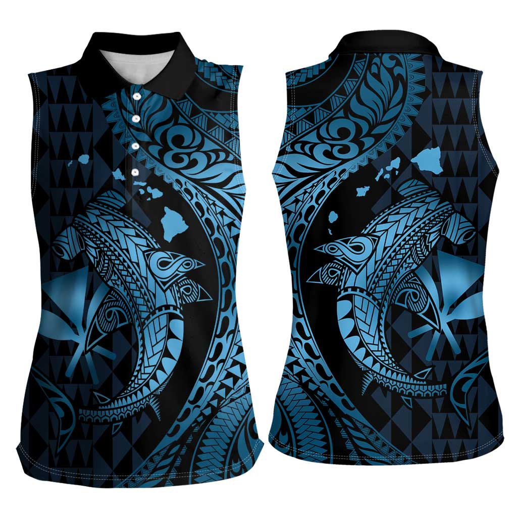 Aloha Hawaii Hammerhead Shark Women Sleeveless Polo Shirt Blue Kakau and Polynesian Tattoo LT03 - Polynesian Pride