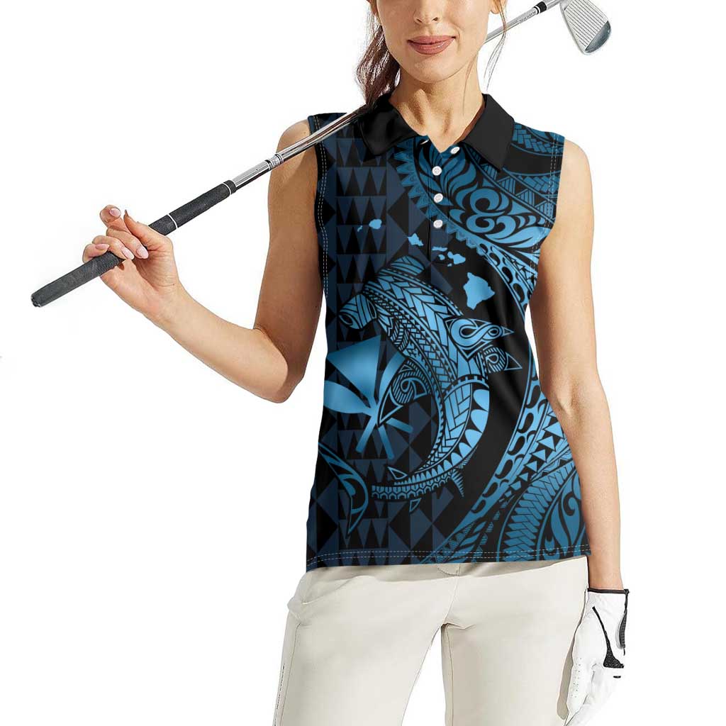 Aloha Hawaii Hammerhead Shark Women Sleeveless Polo Shirt Blue Kakau and Polynesian Tattoo LT03 - Polynesian Pride