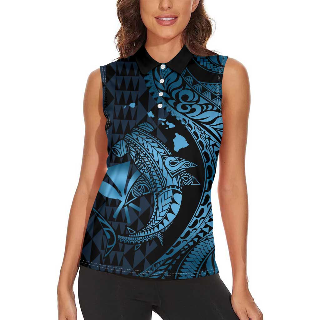 Aloha Hawaii Hammerhead Shark Women Sleeveless Polo Shirt Blue Kakau and Polynesian Tattoo LT03 - Polynesian Pride