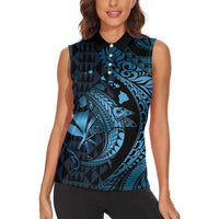 Aloha Hawaii Hammerhead Shark Women Sleeveless Polo Shirt Blue Kakau and Polynesian Tattoo LT03 - Polynesian Pride
