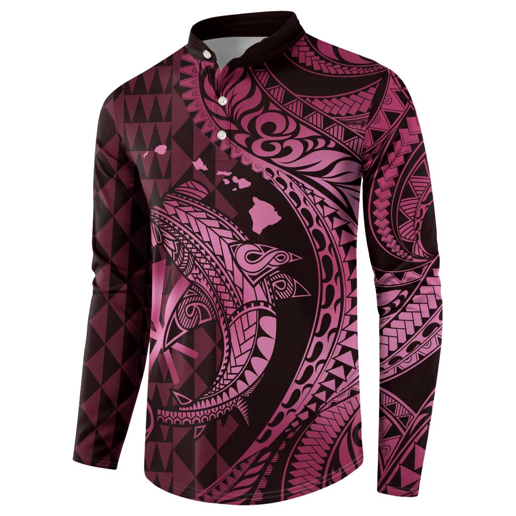 Aloha Hawaii Hammerhead Shark Button Sweatshirt Pink Kakau and Polynesian Tattoo LT03