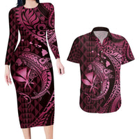 Aloha Hawaii Hammerhead Shark Couples Matching Long Sleeve Bodycon Dress and Hawaiian Shirt Pink Kakau and Polynesian Tattoo LT03 Pink - Polynesian Pride