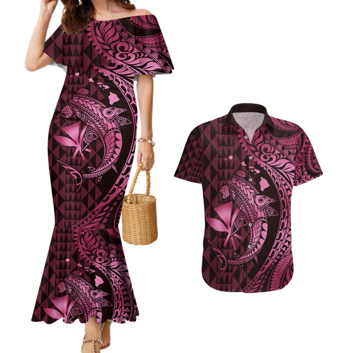 Aloha Hawaii Hammerhead Shark Couples Matching Mermaid Dress and Hawaiian Shirt Pink Kakau and Polynesian Tattoo LT03 Pink - Polynesian Pride