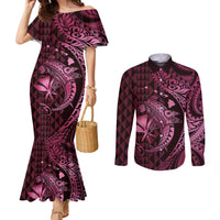 Aloha Hawaii Hammerhead Shark Couples Matching Mermaid Dress and Long Sleeve Button Shirt Pink Kakau and Polynesian Tattoo LT03 Pink - Polynesian Pride