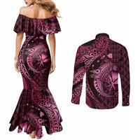 Aloha Hawaii Hammerhead Shark Couples Matching Mermaid Dress and Long Sleeve Button Shirt Pink Kakau and Polynesian Tattoo LT03 - Polynesian Pride