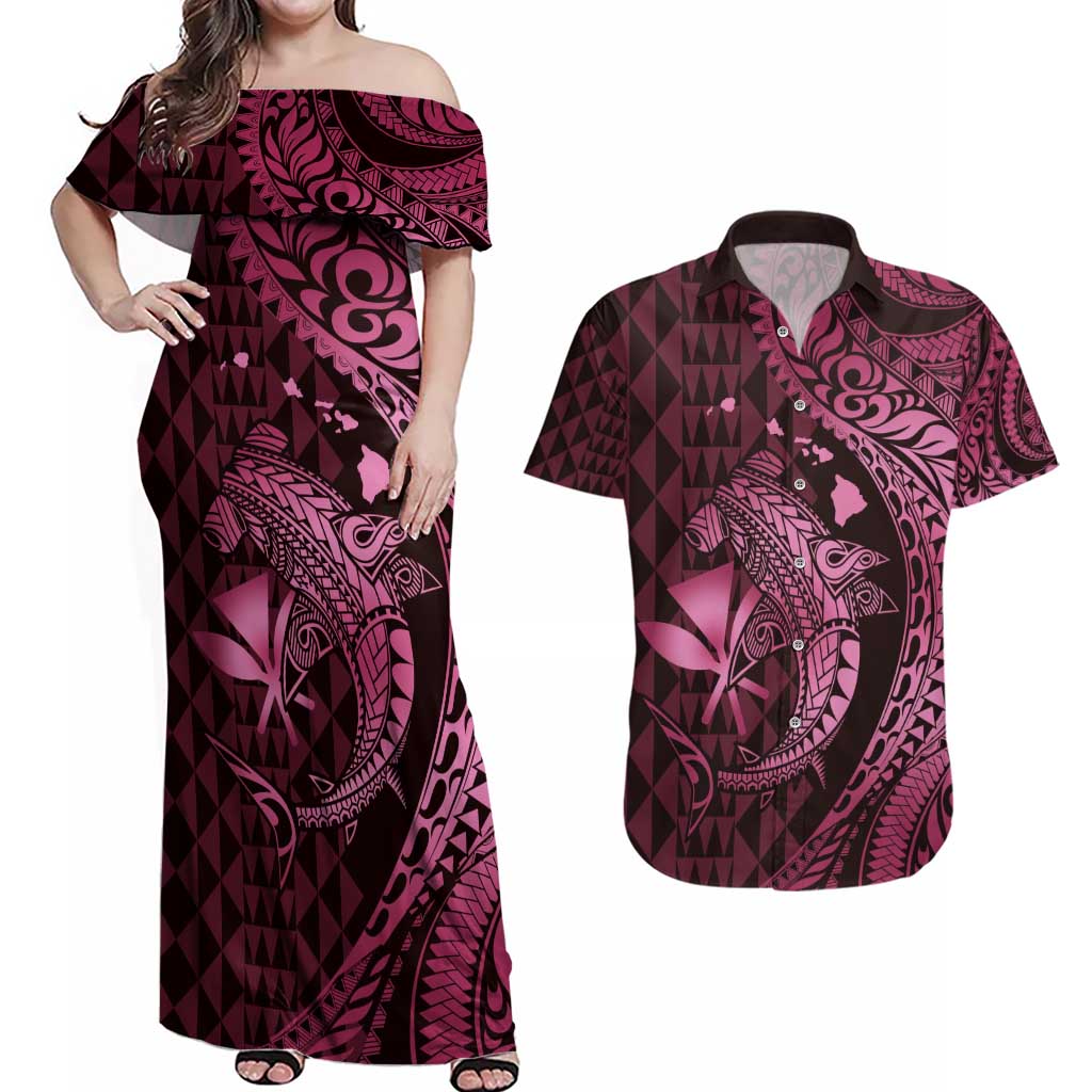 Aloha Hawaii Hammerhead Shark Couples Matching Off Shoulder Maxi Dress and Hawaiian Shirt Pink Kakau and Polynesian Tattoo LT03 Pink - Polynesian Pride