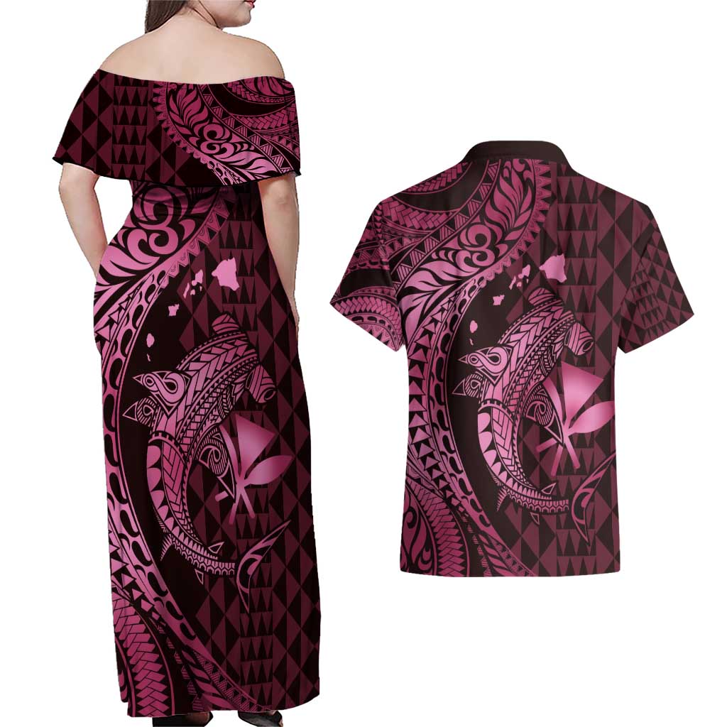 Aloha Hawaii Hammerhead Shark Couples Matching Off Shoulder Maxi Dress and Hawaiian Shirt Pink Kakau and Polynesian Tattoo LT03 - Polynesian Pride