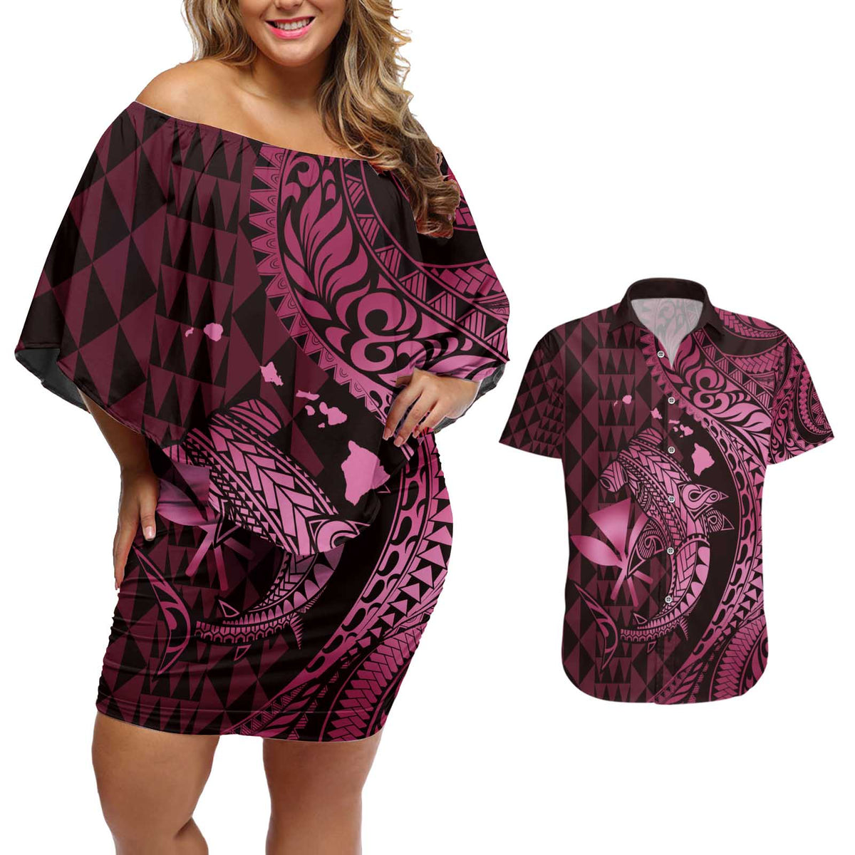 Aloha Hawaii Hammerhead Shark Couples Matching Off Shoulder Short Dress and Hawaiian Shirt Pink Kakau and Polynesian Tattoo LT03 Pink - Polynesian Pride
