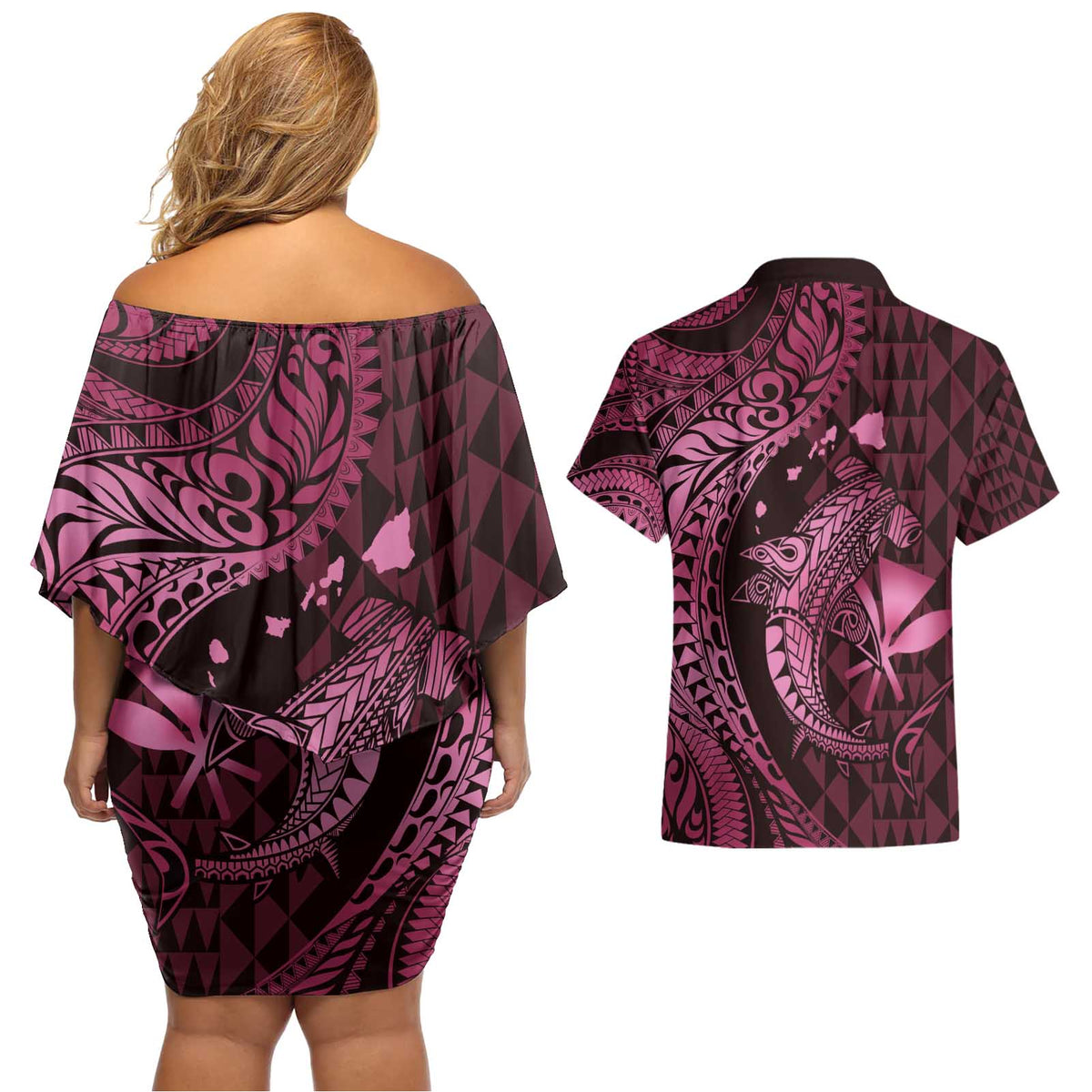 Aloha Hawaii Hammerhead Shark Couples Matching Off Shoulder Short Dress and Hawaiian Shirt Pink Kakau and Polynesian Tattoo LT03 - Polynesian Pride