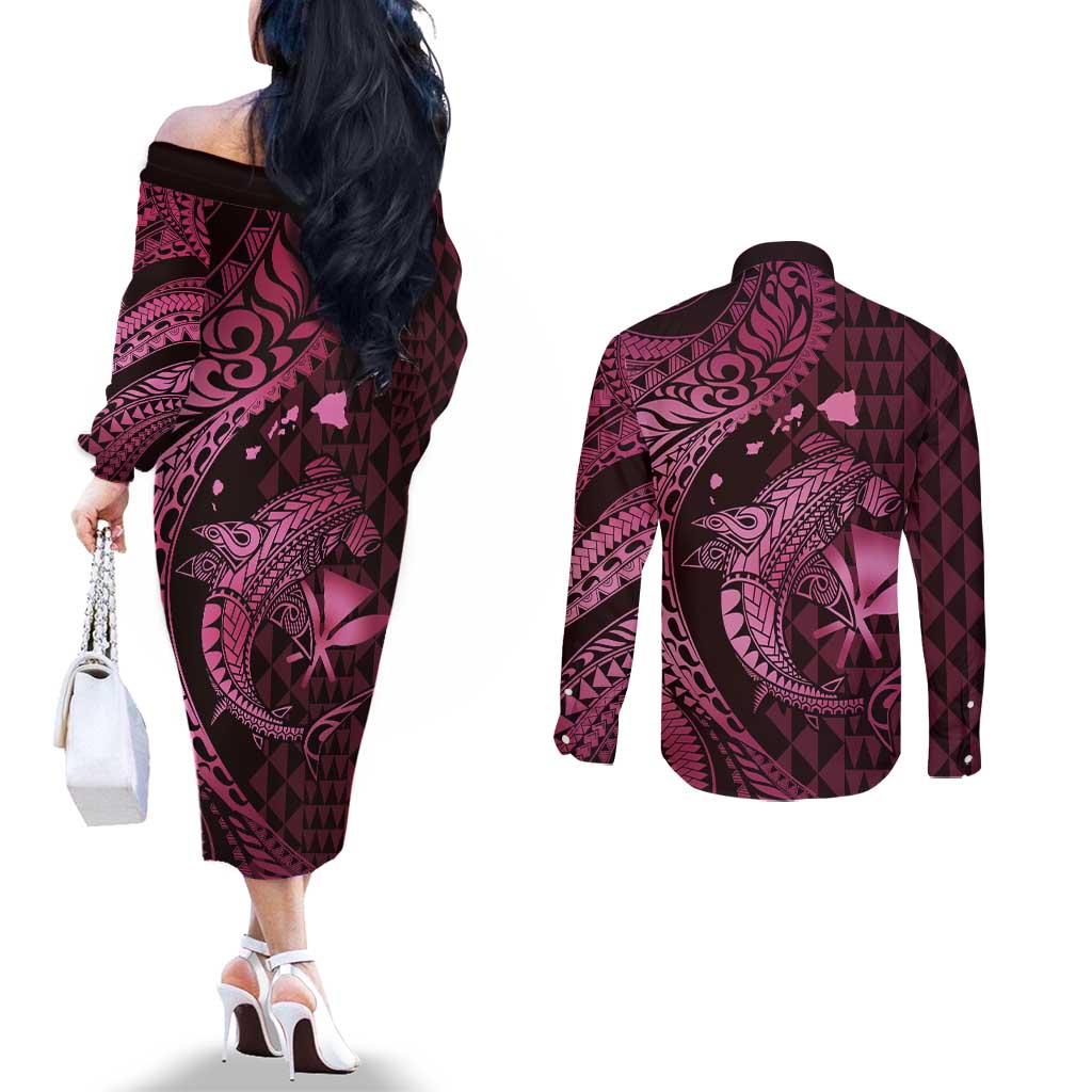 Aloha Hawaii Hammerhead Shark Couples Matching Off The Shoulder Long Sleeve Dress and Long Sleeve Button Shirt Pink Kakau and Polynesian Tattoo LT03 - Polynesian Pride