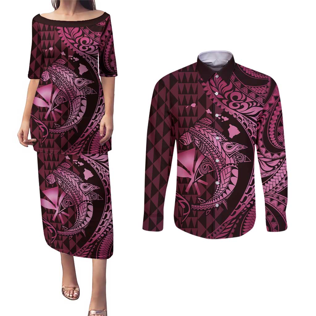 Aloha Hawaii Hammerhead Shark Couples Matching Puletasi and Long Sleeve Button Shirt Pink Kakau and Polynesian Tattoo LT03 Pink - Polynesian Pride