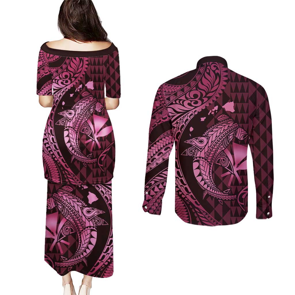Aloha Hawaii Hammerhead Shark Couples Matching Puletasi and Long Sleeve Button Shirt Pink Kakau and Polynesian Tattoo LT03 - Polynesian Pride