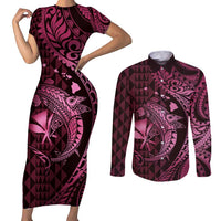 Aloha Hawaii Hammerhead Shark Couples Matching Short Sleeve Bodycon Dress and Long Sleeve Button Shirt Pink Kakau and Polynesian Tattoo LT03 Pink - Polynesian Pride