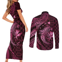 Aloha Hawaii Hammerhead Shark Couples Matching Short Sleeve Bodycon Dress and Long Sleeve Button Shirt Pink Kakau and Polynesian Tattoo LT03 - Polynesian Pride
