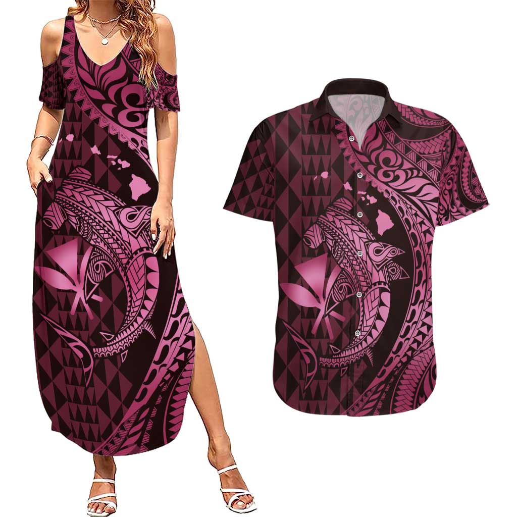 Aloha Hawaii Hammerhead Shark Couples Matching Summer Maxi Dress and Hawaiian Shirt Pink Kakau and Polynesian Tattoo LT03 Pink - Polynesian Pride