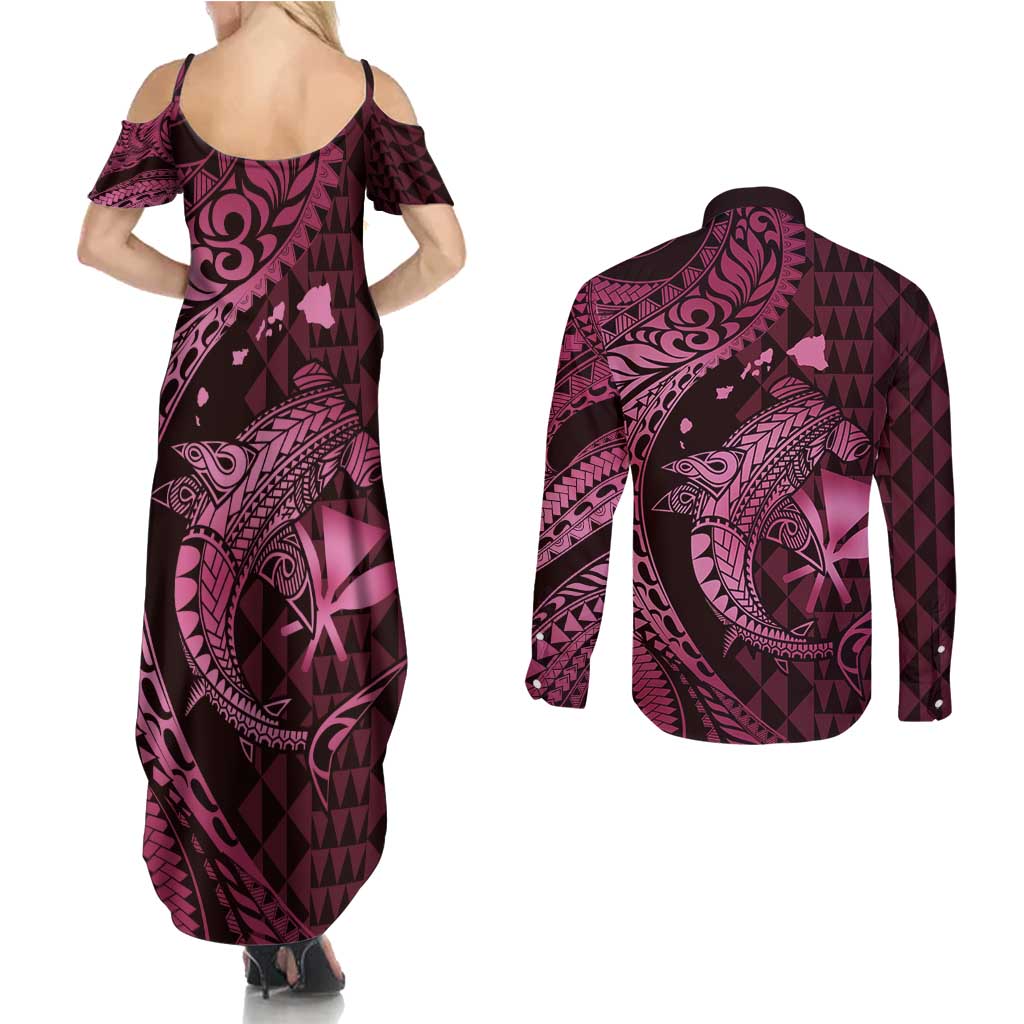 Aloha Hawaii Hammerhead Shark Couples Matching Summer Maxi Dress and Long Sleeve Button Shirt Pink Kakau and Polynesian Tattoo LT03 - Polynesian Pride