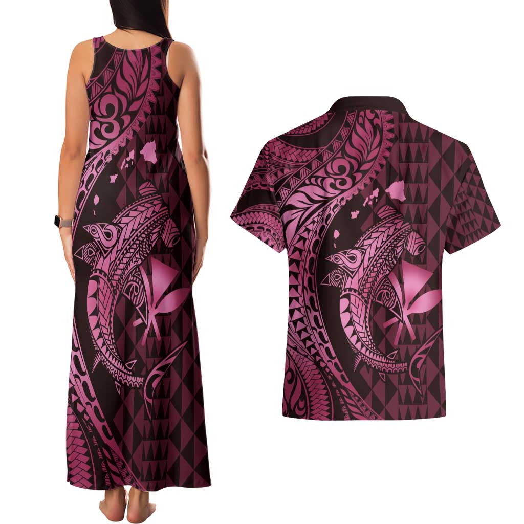 Aloha Hawaii Hammerhead Shark Couples Matching Tank Maxi Dress and Hawaiian Shirt Pink Kakau and Polynesian Tattoo LT03 - Polynesian Pride